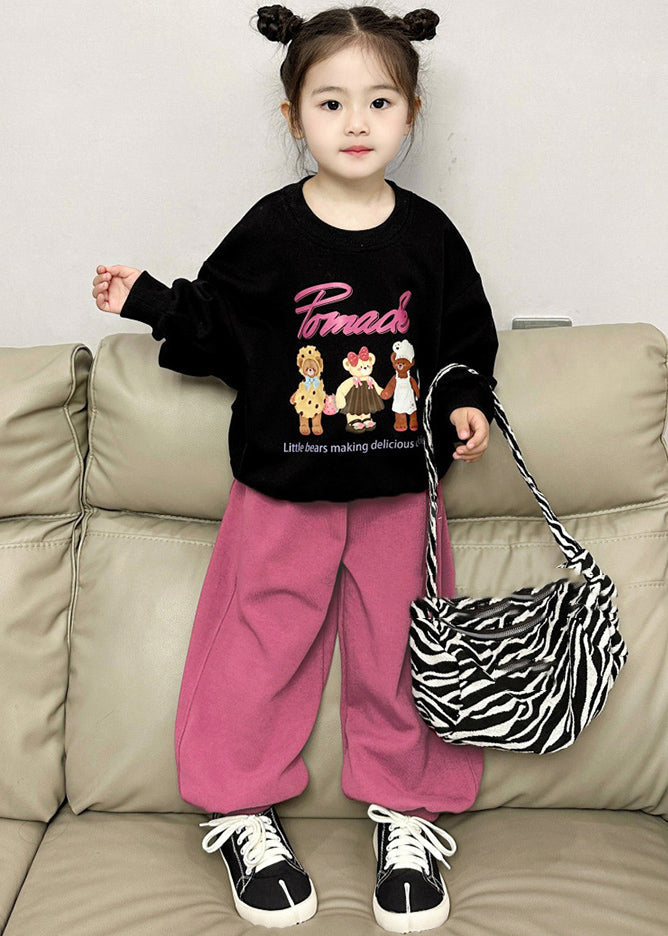 Chic Black O-Neck Kids Fleece Sweatshirt And Lantern Pants Two Pieces Set Spring TR002