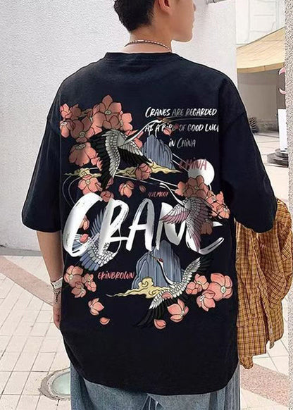 Men Black Print Chic Oversized Shirts Cotton T Neck Summer O