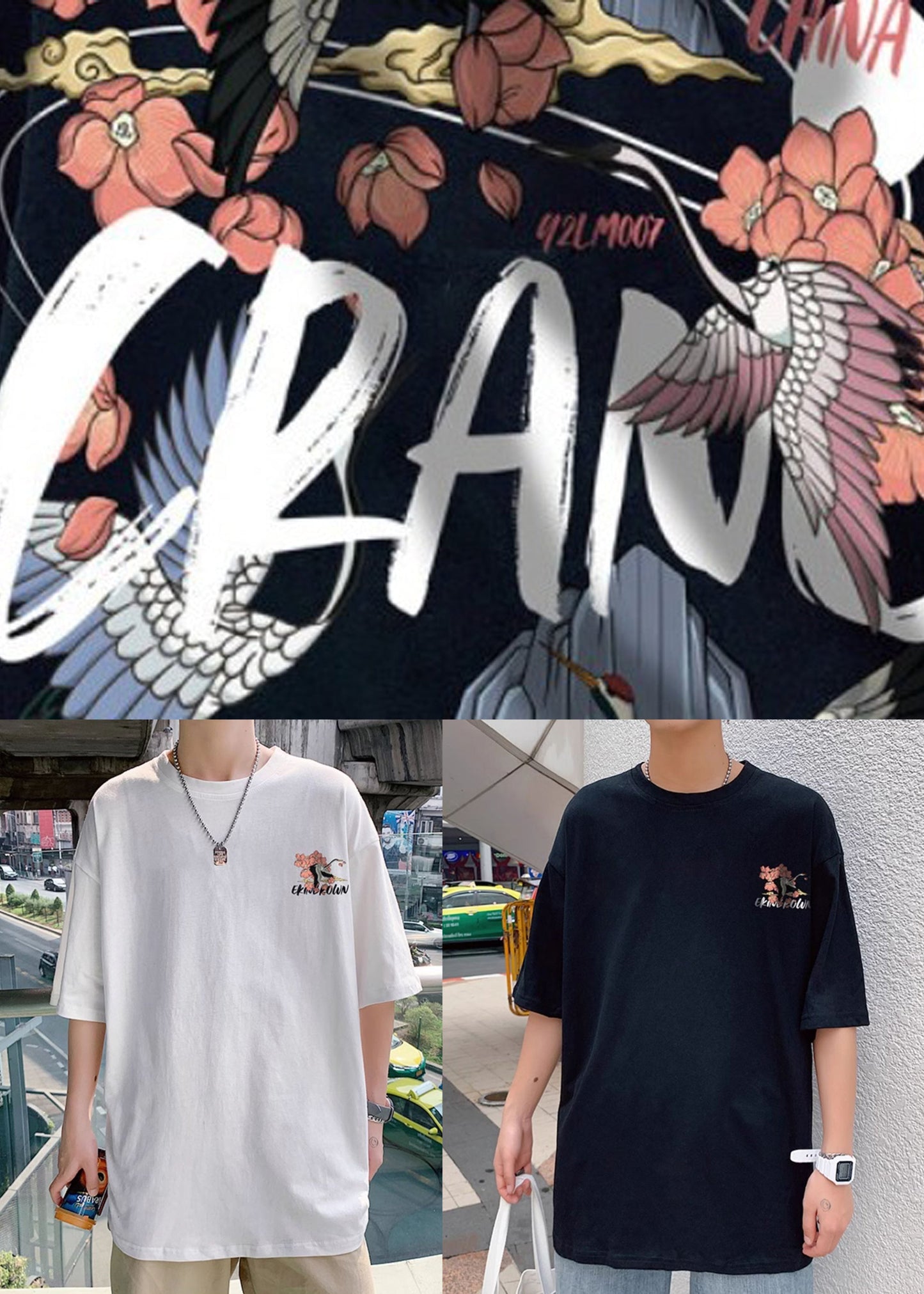 Men Black Print Chic Oversized Shirts Cotton T Neck Summer O