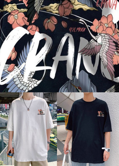 Men Black Print Chic Oversized Shirts Cotton T Neck Summer O