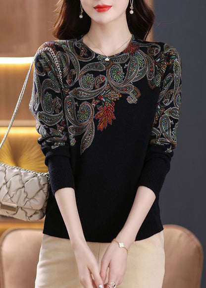 Chic Black O Neck Zircon Patchwork Wool Sweaters Long Sleeve TB016