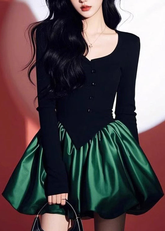 O-Neck Patchwork Black Spring Green Mid Dress Chic