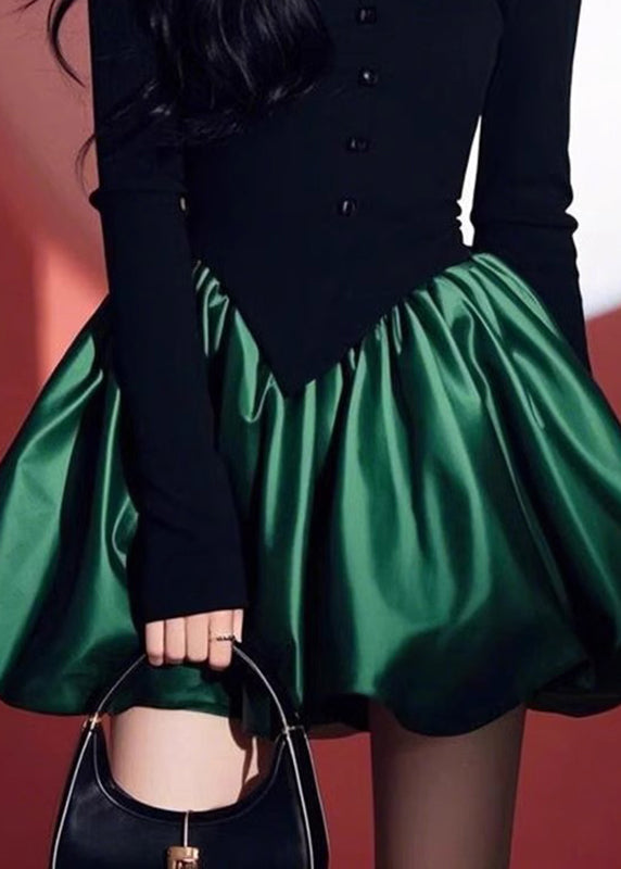 O-Neck Patchwork Black Spring Green Mid Dress Chic