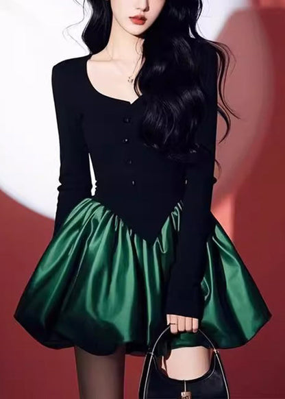 O-Neck Patchwork Black Spring Green Mid Dress Chic