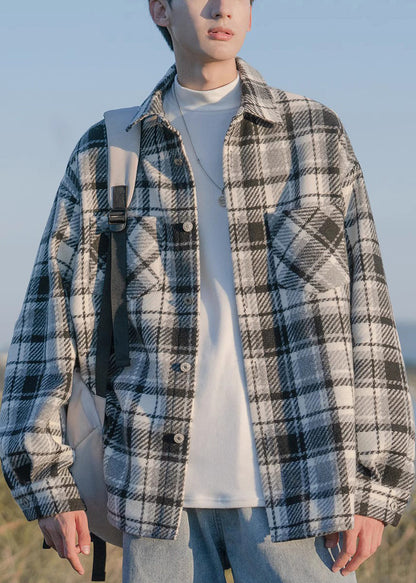 Button Shirts Pockets Men Plaid Coats Spring Chic Black Woolen