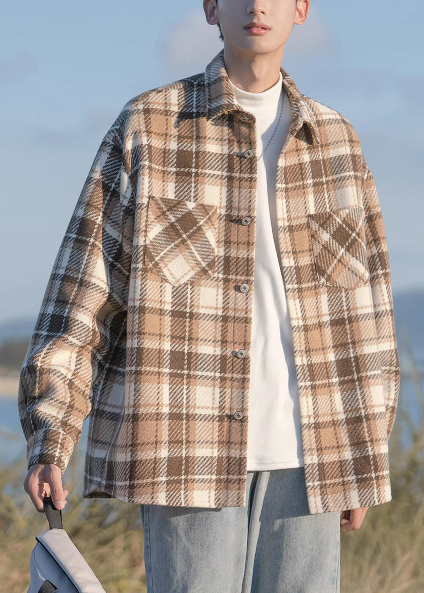 Button Shirts Pockets Men Plaid Coats Spring Chic Black Woolen