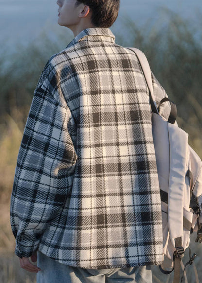 Button Shirts Pockets Men Plaid Coats Spring Chic Black Woolen