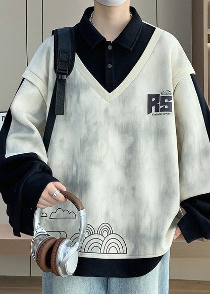 Cotton Button Black Mens Sweatshirts Patchwork Print Chic Spring