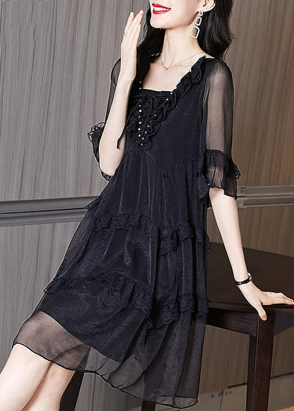 Chic Summer Chiffon Patchwork Ruffled Black Dress
