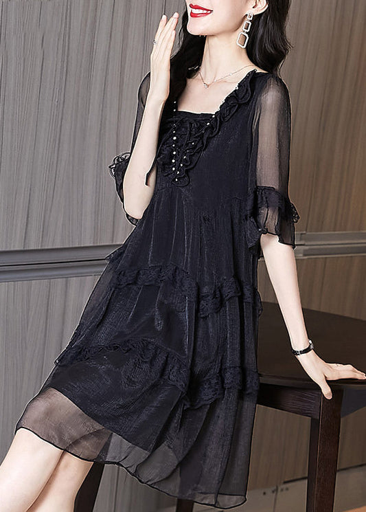 Chic Summer Chiffon Patchwork Ruffled Black Dress