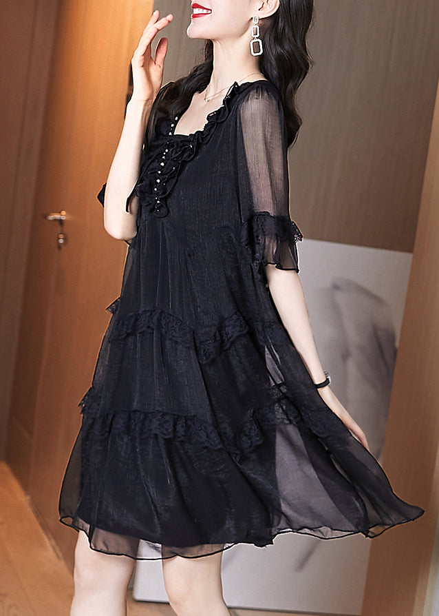 Chic Summer Chiffon Patchwork Ruffled Black Dress