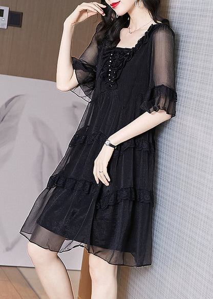 Chic Summer Chiffon Patchwork Ruffled Black Dress