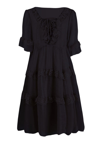 Chic Summer Chiffon Patchwork Ruffled Black Dress