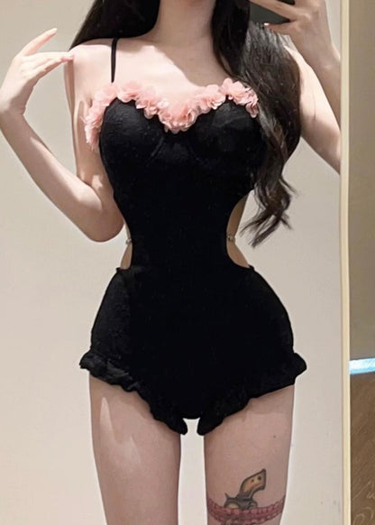 Chic Hollow Out Tulle Patchwork Black Ruffled Bodysuit
