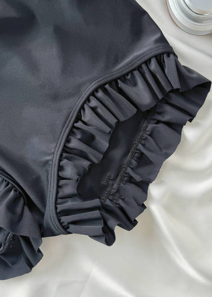 Chic Hollow Out Tulle Patchwork Black Ruffled Bodysuit