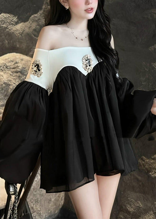 Lantern Chic Dress Chiffon Patchwork Neck Mid Black Slash Sleeve