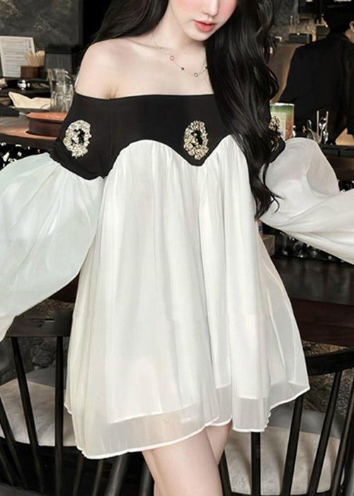 Lantern Chic Dress Chiffon Patchwork Neck Mid Black Slash Sleeve