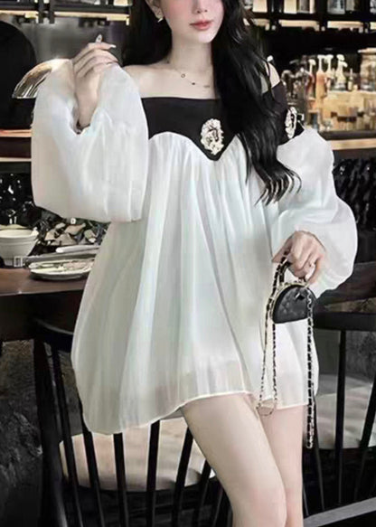 Lantern Chic Dress Chiffon Patchwork Neck Mid Black Slash Sleeve