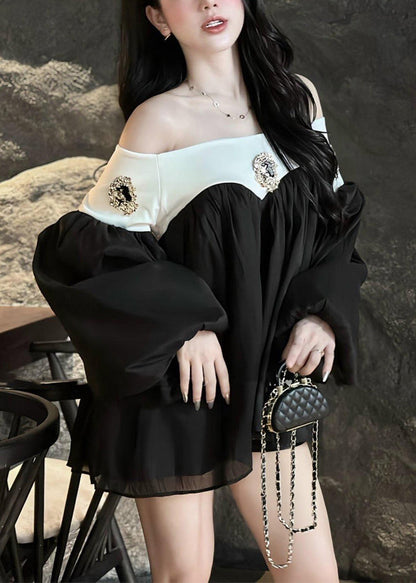 Lantern Chic Dress Chiffon Patchwork Neck Mid Black Slash Sleeve