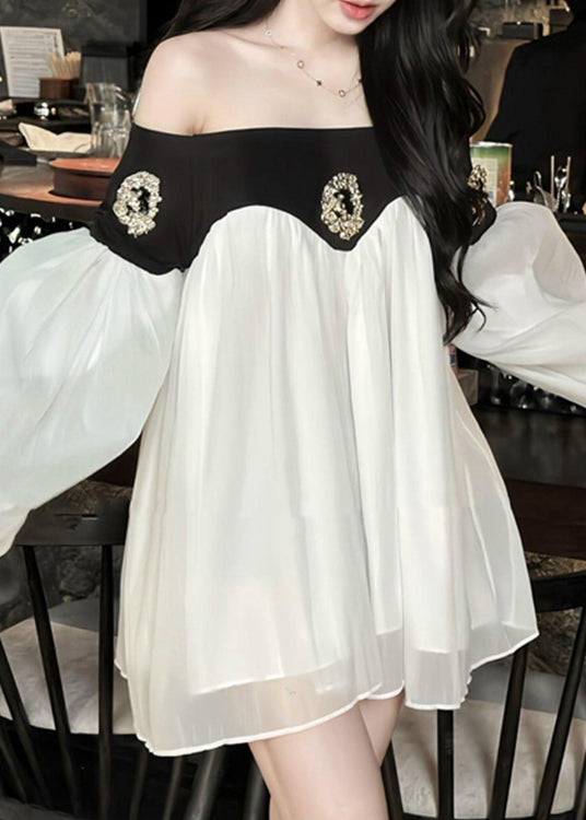 Lantern Chic Dress Chiffon Patchwork Neck Mid Black Slash Sleeve
