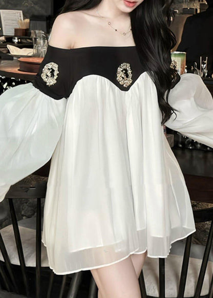 Lantern Chic Dress Chiffon Patchwork Neck Mid Black Slash Sleeve