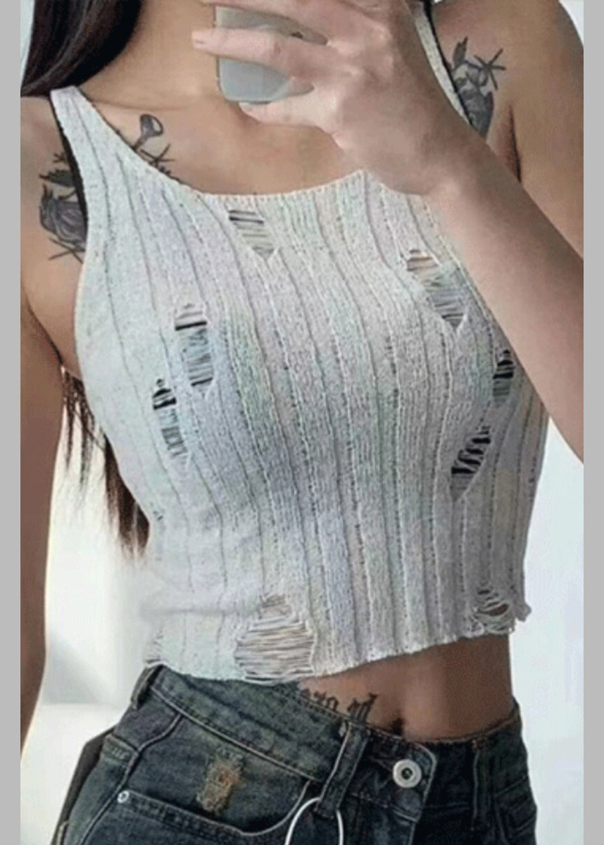 Black Sleeveless Knit Hollow Neck Tanks U Hole Chic Out