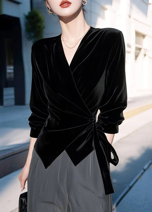 Waist Silk Shirt Neck V Spring Velvet Tie Chic Black