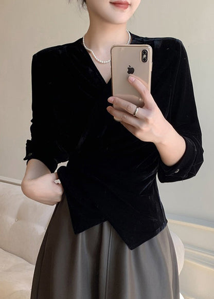 Waist Silk Shirt Neck V Spring Velvet Tie Chic Black