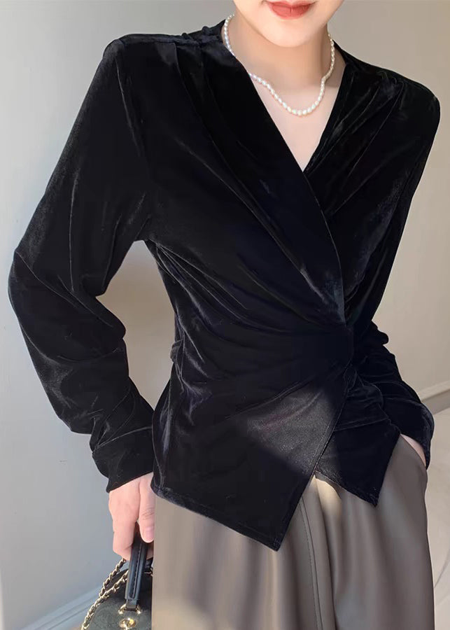 Waist Silk Shirt Neck V Spring Velvet Tie Chic Black
