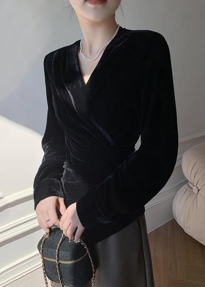 Waist Silk Shirt Neck V Spring Velvet Tie Chic Black