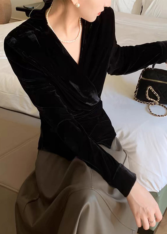 Waist Silk Shirt Neck V Spring Velvet Tie Chic Black