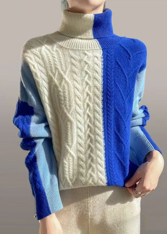 Chic Blue Asymmetrical Patchwork Cable Knit Sweater Spring YW051