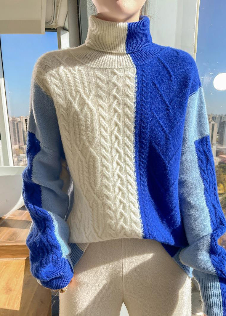 Chic Blue Asymmetrical Patchwork Cable Knit Sweater Spring YW051