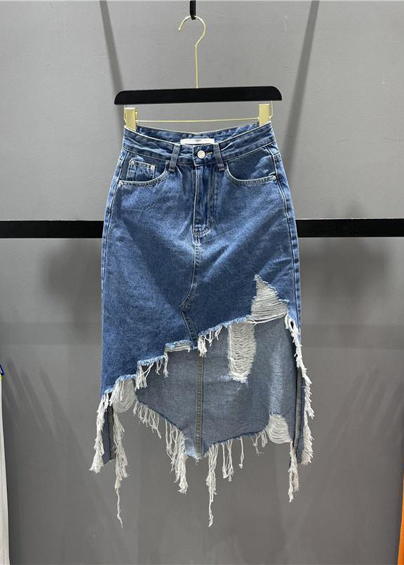Blue Pockets Tassel Hole Asymmetrical Chic Denim Skirts