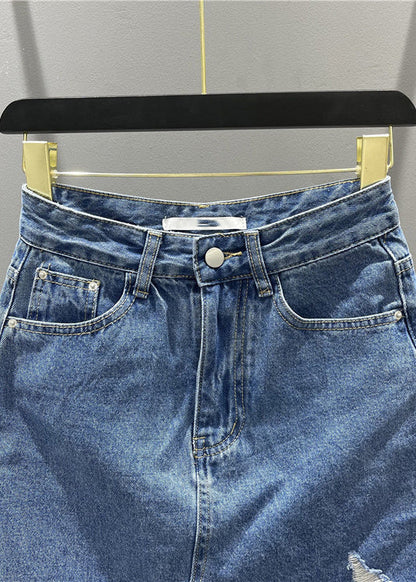 Blue Pockets Tassel Hole Asymmetrical Chic Denim Skirts