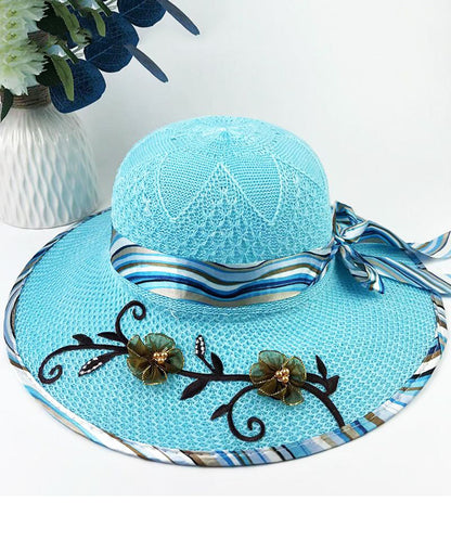 Patchwork Bow Nail Floral Bead Hat Sun Chic Blue