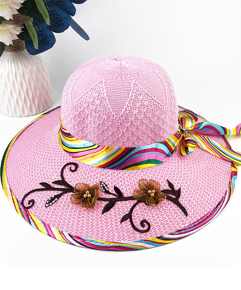 Patchwork Bow Nail Floral Bead Hat Sun Chic Blue