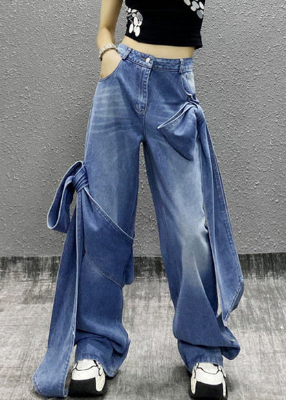 Pantalon en jean taille haute avec poches à nœud bleu chic été AW1010