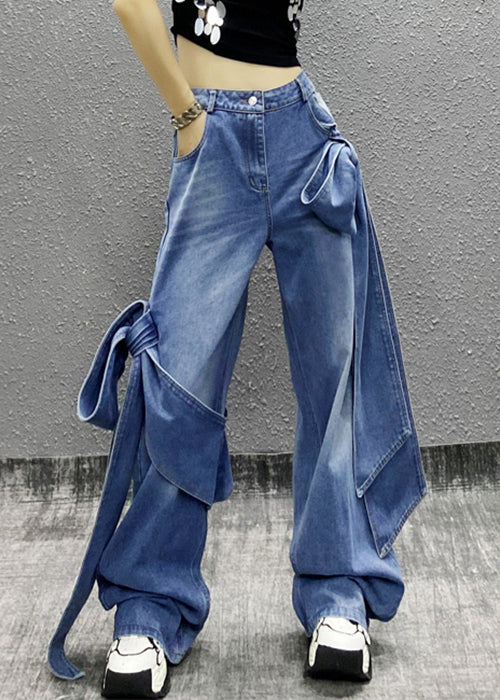 Pantalon en jean taille haute avec poches à nœud bleu chic été AW1010