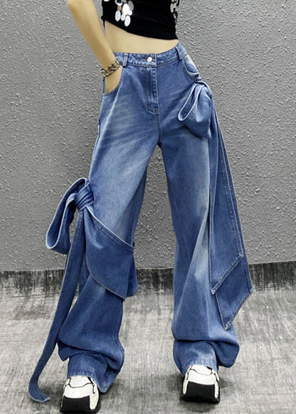 Pantalon en jean taille haute avec poches à nœud bleu chic été AW1010