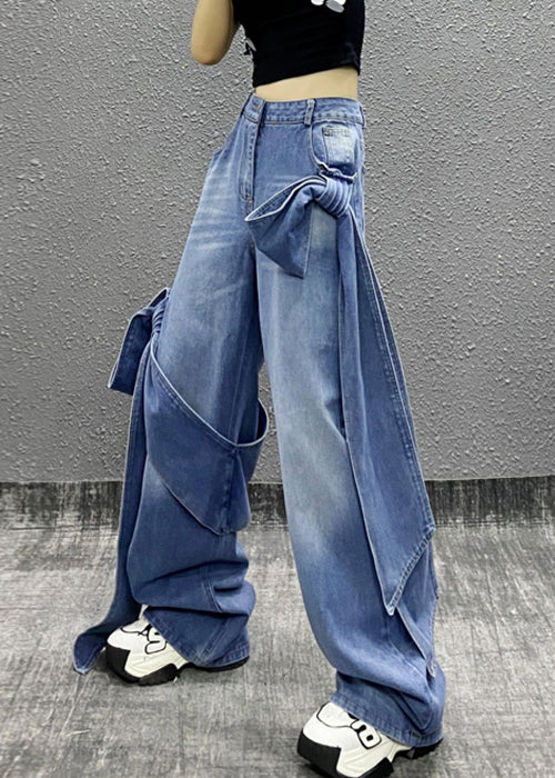 Pantalon en jean taille haute avec poches à nœud bleu chic été AW1010