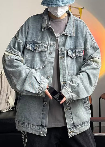 Button Chic Coats Spring Blue TC046 Patchwork Mens Pockets