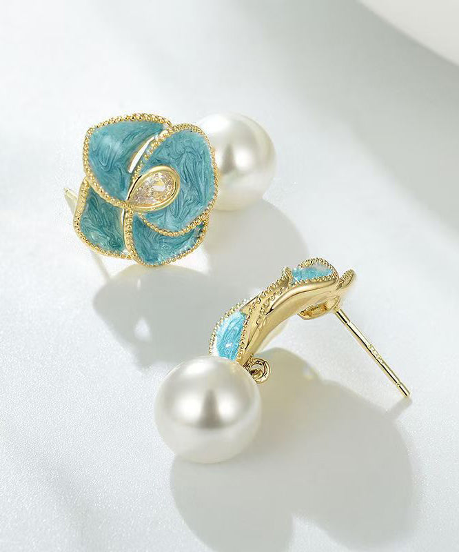 Chic Blue Copper Alloy Pearl Enamel Floral Drop Earrings WH031