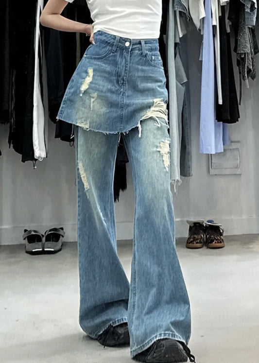 Pantalon en jean taille haute en faux deux pièces bleu chic été PP013