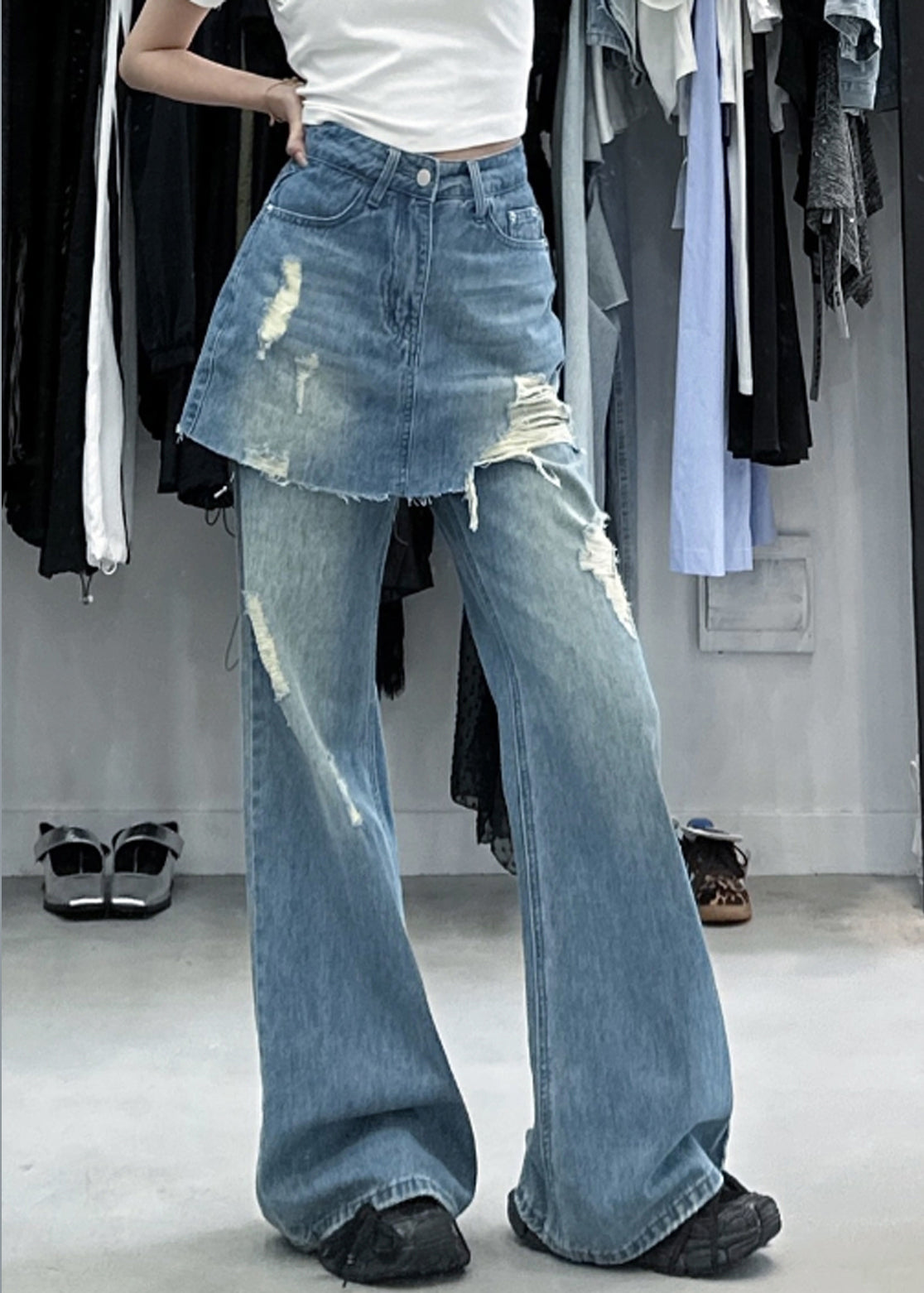 Pantalon en jean taille haute en faux deux pièces bleu chic été PP013