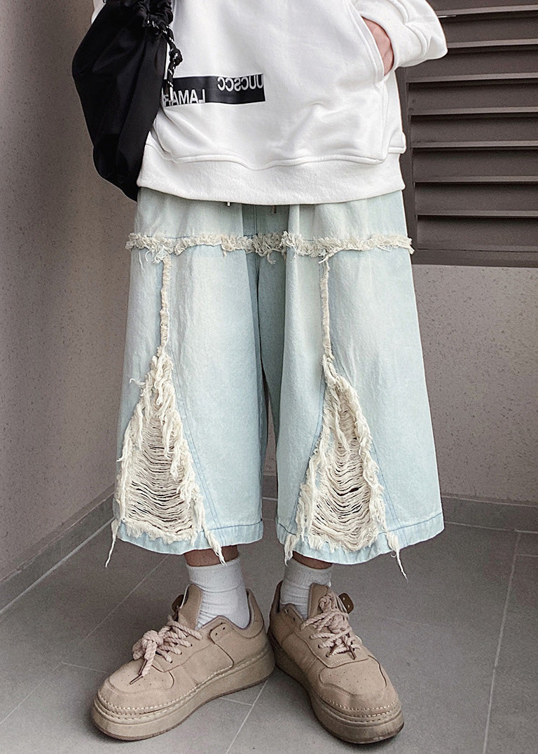Men Blue Shorts Chic Hole Summer Denim Elastic Waist