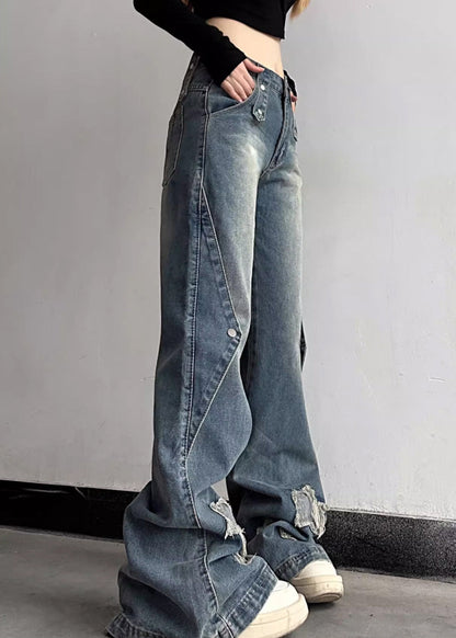 Chic Blue Hole High Waist Denim Flare Bottoms Fall QF044