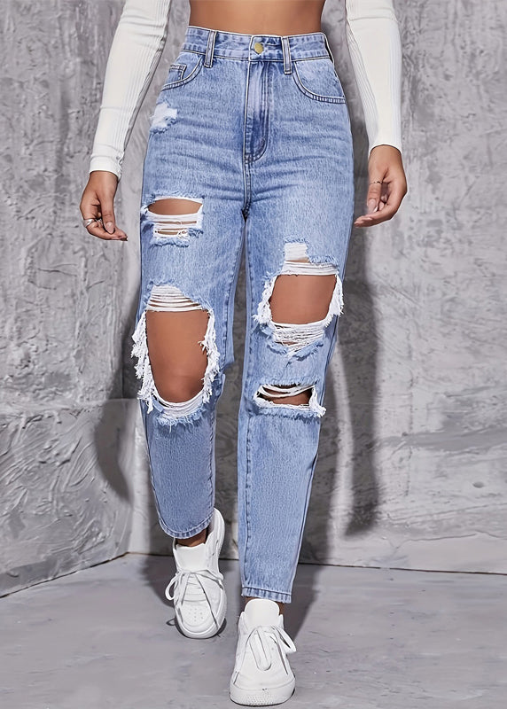 Crop Blue Pants Chic Denim Waist Pockets Hole High Summer