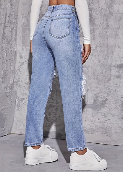 Crop Blue Pants Chic Denim Waist Pockets Hole High Summer