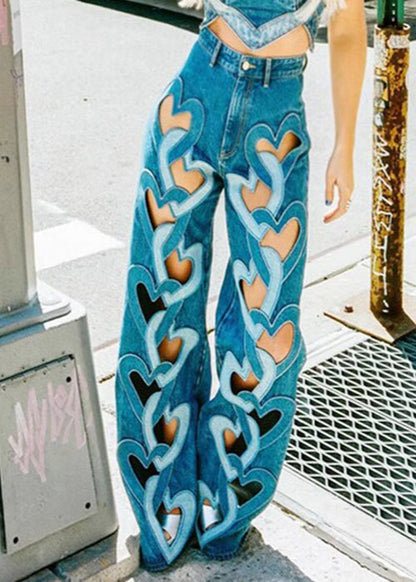 High Waist Denim Spring Chic Blue Hollow Out Pants